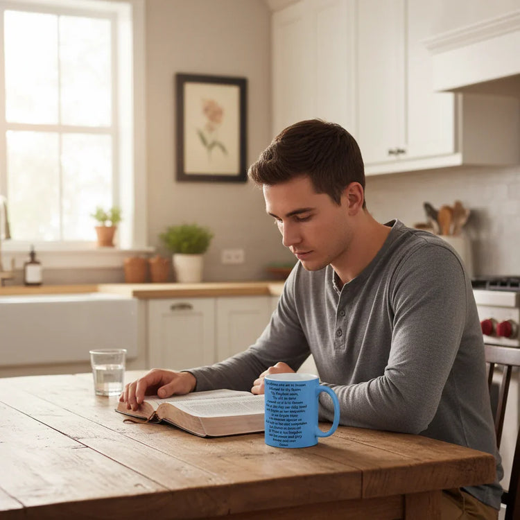 Young man in gray shirt reading a book at a wooden kitchen table with a blue mug and glass of water