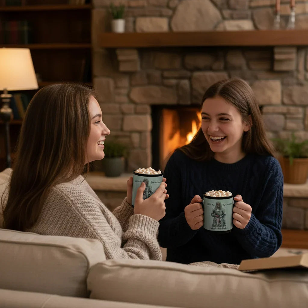 Two women laughing and holding mugs of hot chocolate with marshmallows by a cozy fireplace
