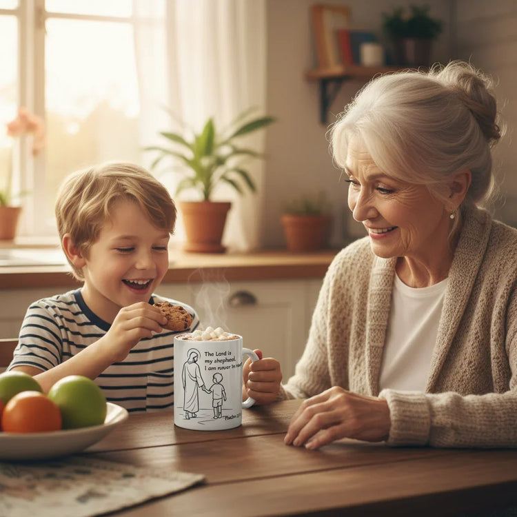 Smiling grandmother and boy enjoying cookie and hot beverage in kitchen with religious mug