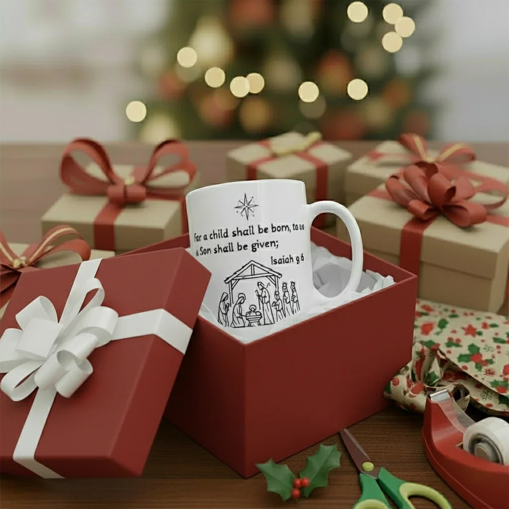 Christmas gift box with white mug featuring nativity scene and Isaiah 9:6 scripture, surrounded by wrapped presents